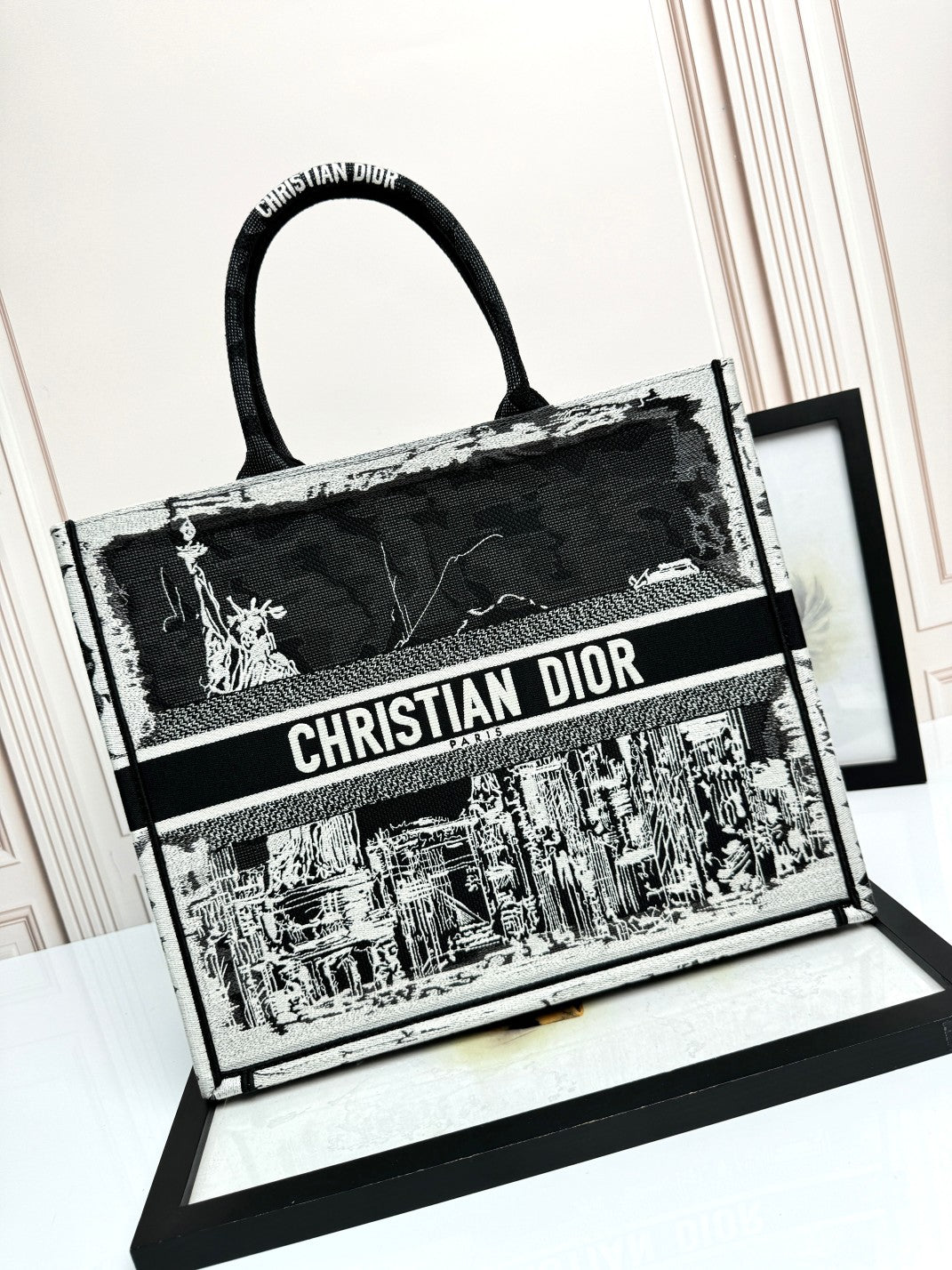 Dior Black and White New York Skyline Embroidered Canvas Tote Handbag