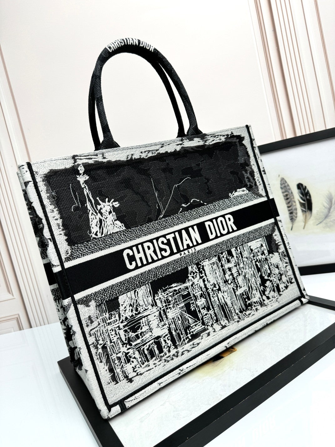 Dior Black and White New York Skyline Embroidered Canvas Tote Handbag