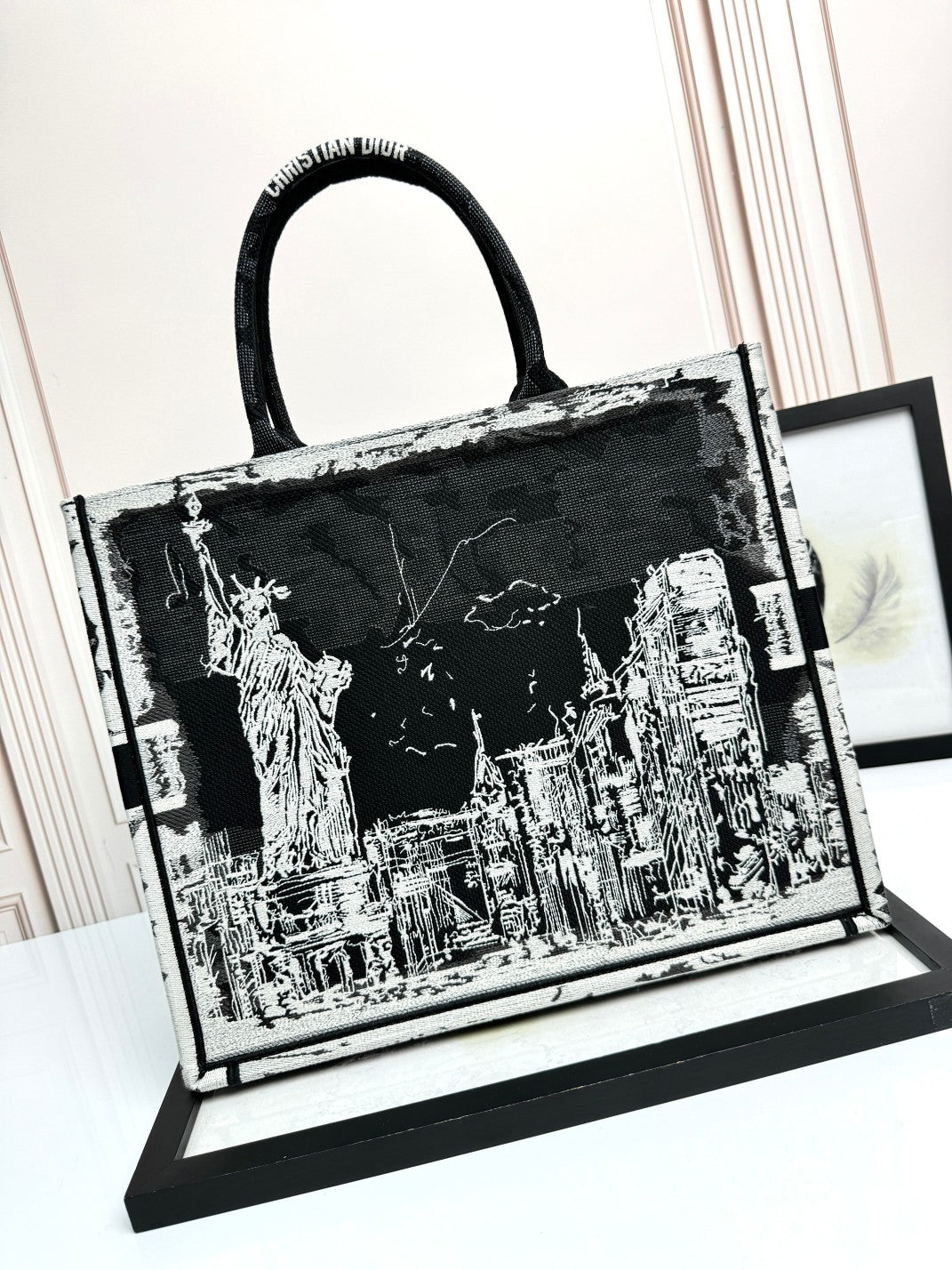 Dior Monochrome Statue of Liberty Graphic Canvas Tote Handbag