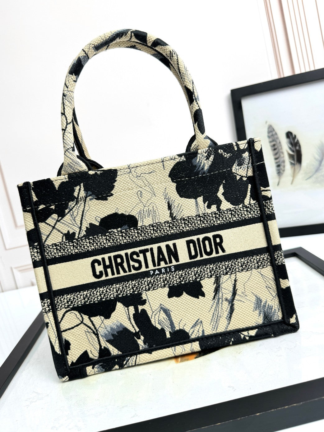 Dior Monochrome Floral Canvas Tote Bag Vintage Style Top Handle Handbag