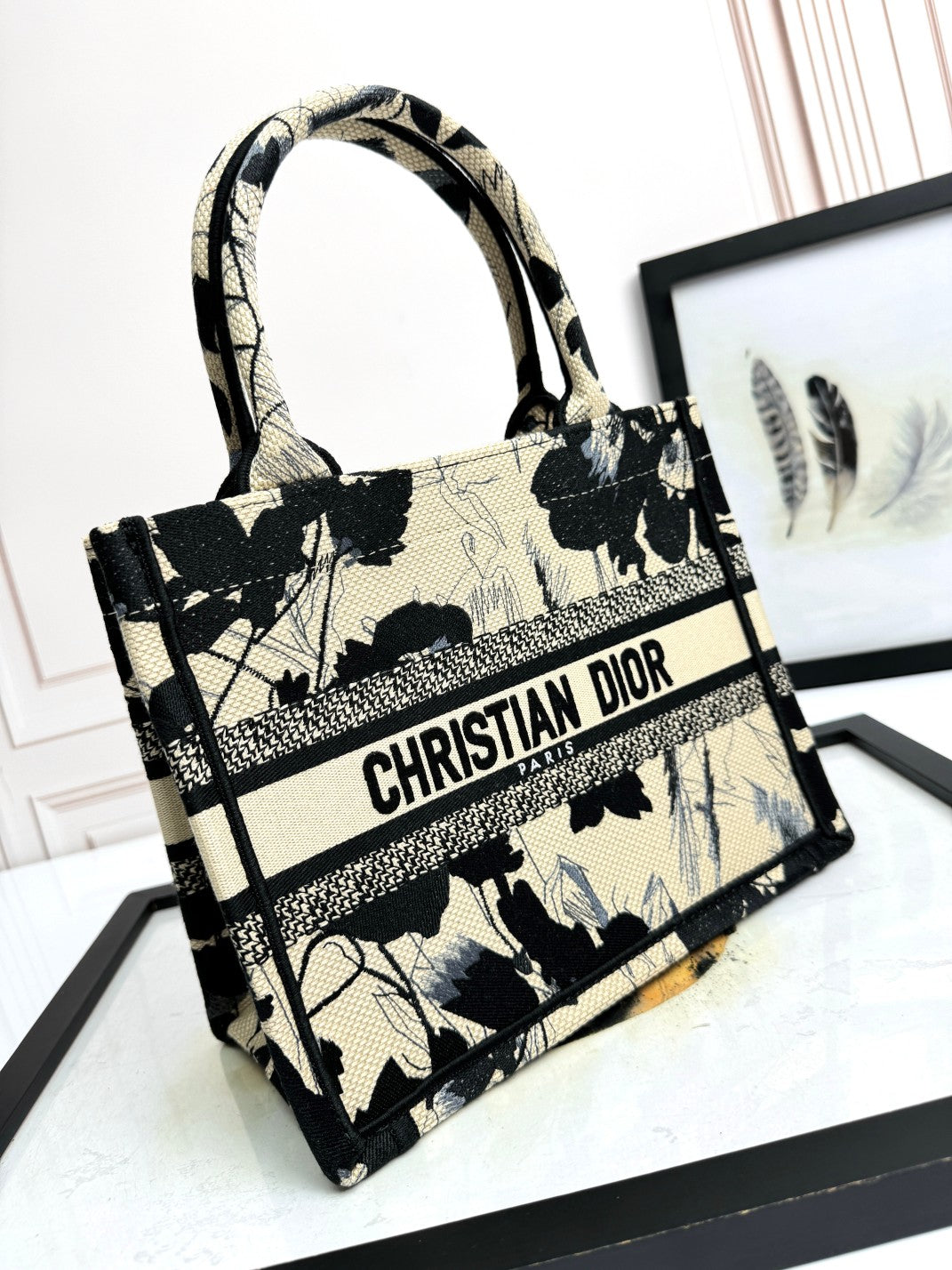 Dior Monochrome Floral Canvas Tote Bag Vintage Style Top Handle Handbag