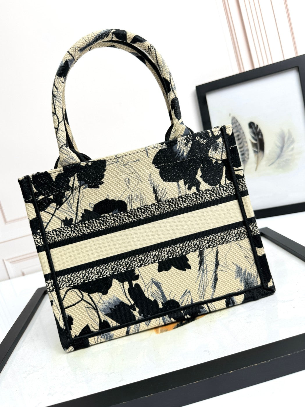 Dior Monochrome Floral Canvas Tote Bag Vintage Style Top Handle Handbag