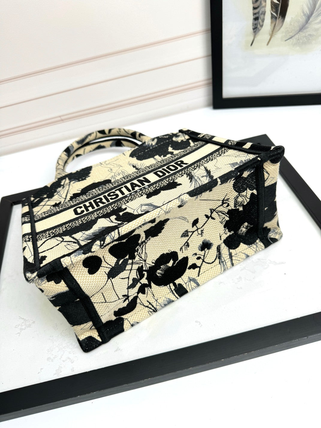 Dior Monochrome Floral Canvas Tote Bag Vintage Style Top Handle Handbag
