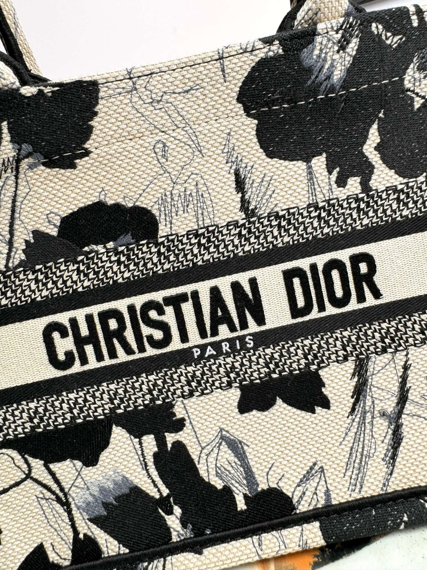 Christian Dior Small Book Tote - Black and White Floral Embroidered Canvas