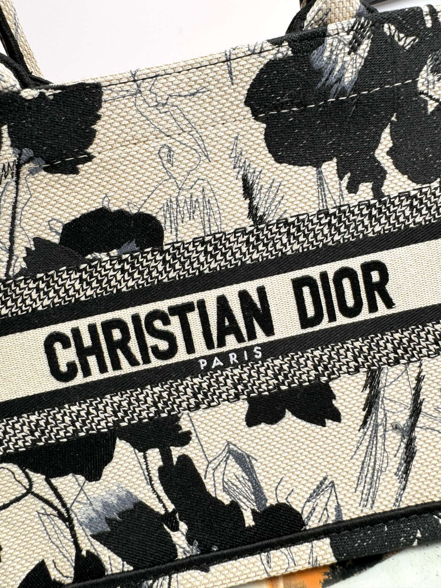 Dior Monochrome Floral Canvas Tote Bag Vintage Style Top Handle Handbag