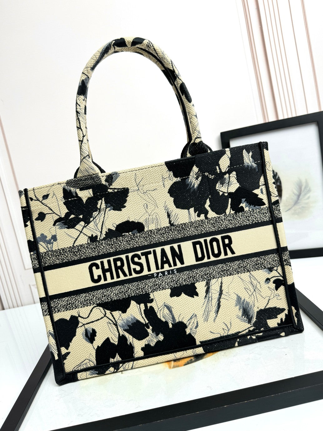 Christian Dior Medium Book Tote - Black and Beige Floral Embroidered Canvas