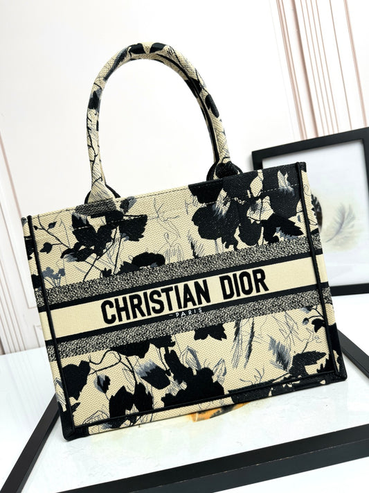 Christian Dior Medium Book Tote - Black and Beige Floral Embroidered Canvas