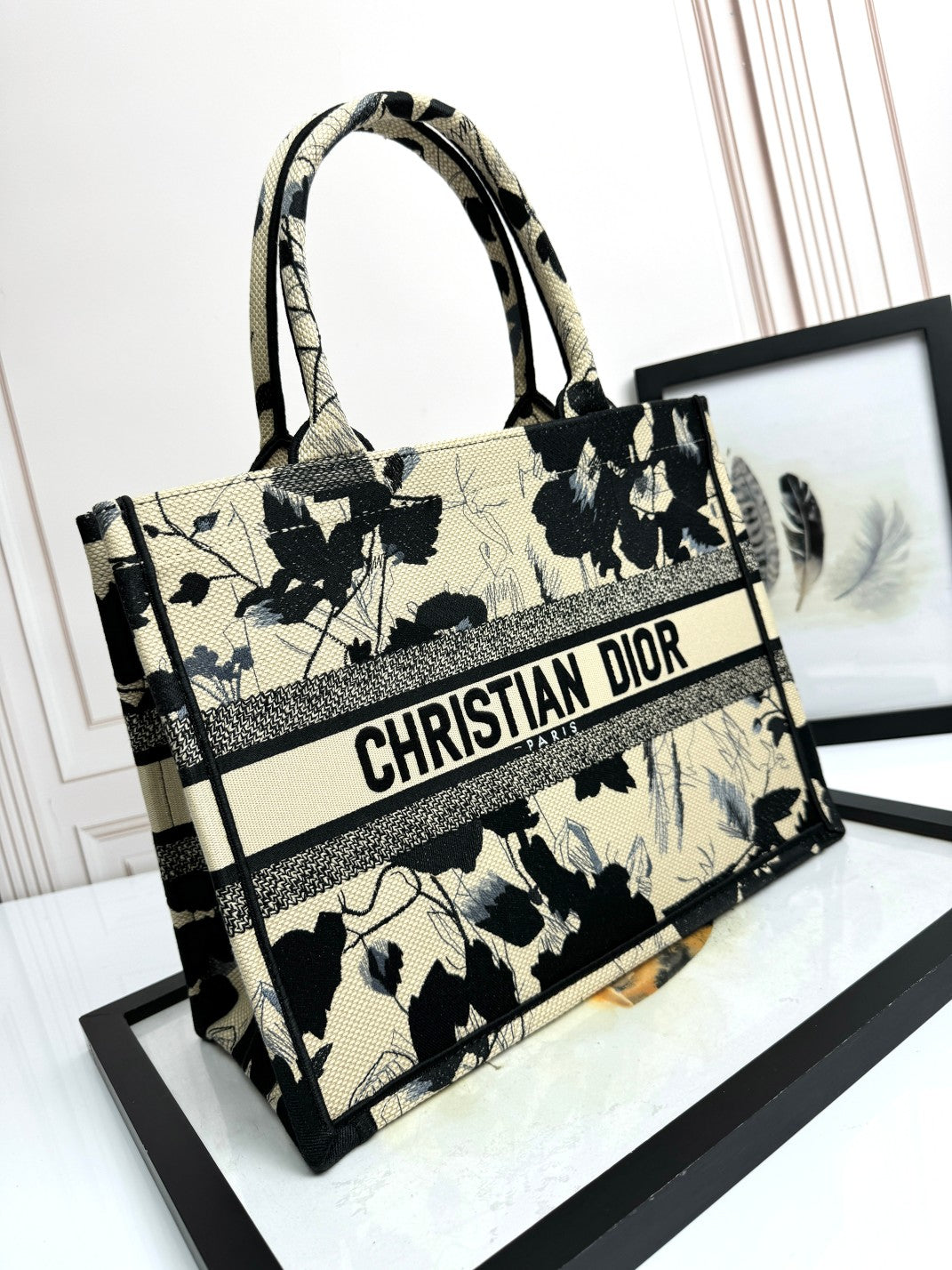 Dior Elegant Black Floral Canvas Tote Bag with Top Handles