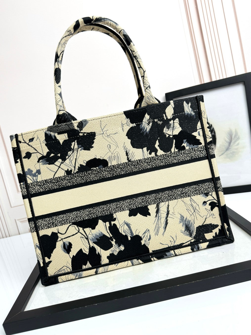 Dior Elegant Black and Beige Floral Canvas Tote Bag with Top Handles