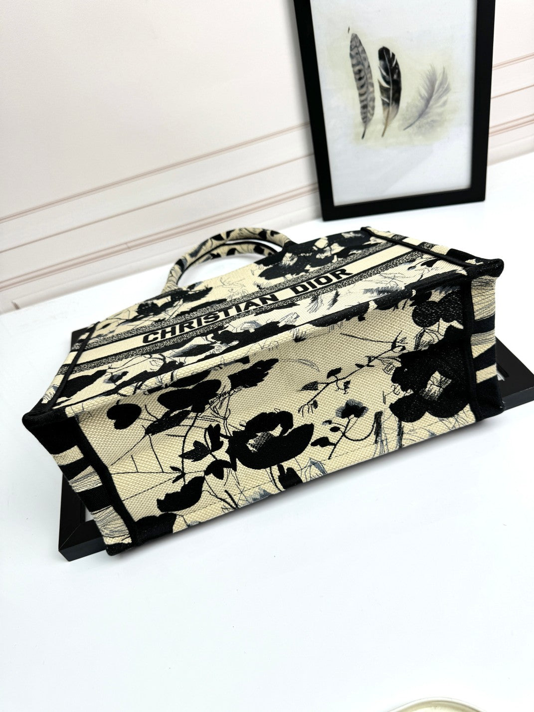 Dior Elegant Black and Beige Floral Canvas Tote Bag with Top Handles