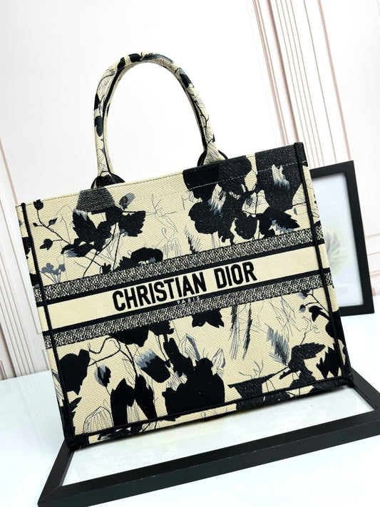Christian Dior Book Tote Medium Black and Beige Floral Canvas Handbag