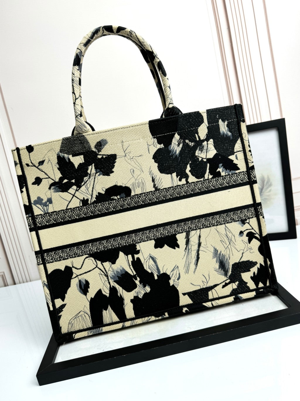 Christian Dior Large Book Tote Black and White Floral Embroidered Canvas