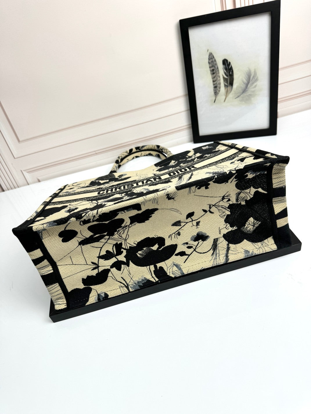 Christian Dior Book Tote Black and White Floral Embroidered Canvas Bag
