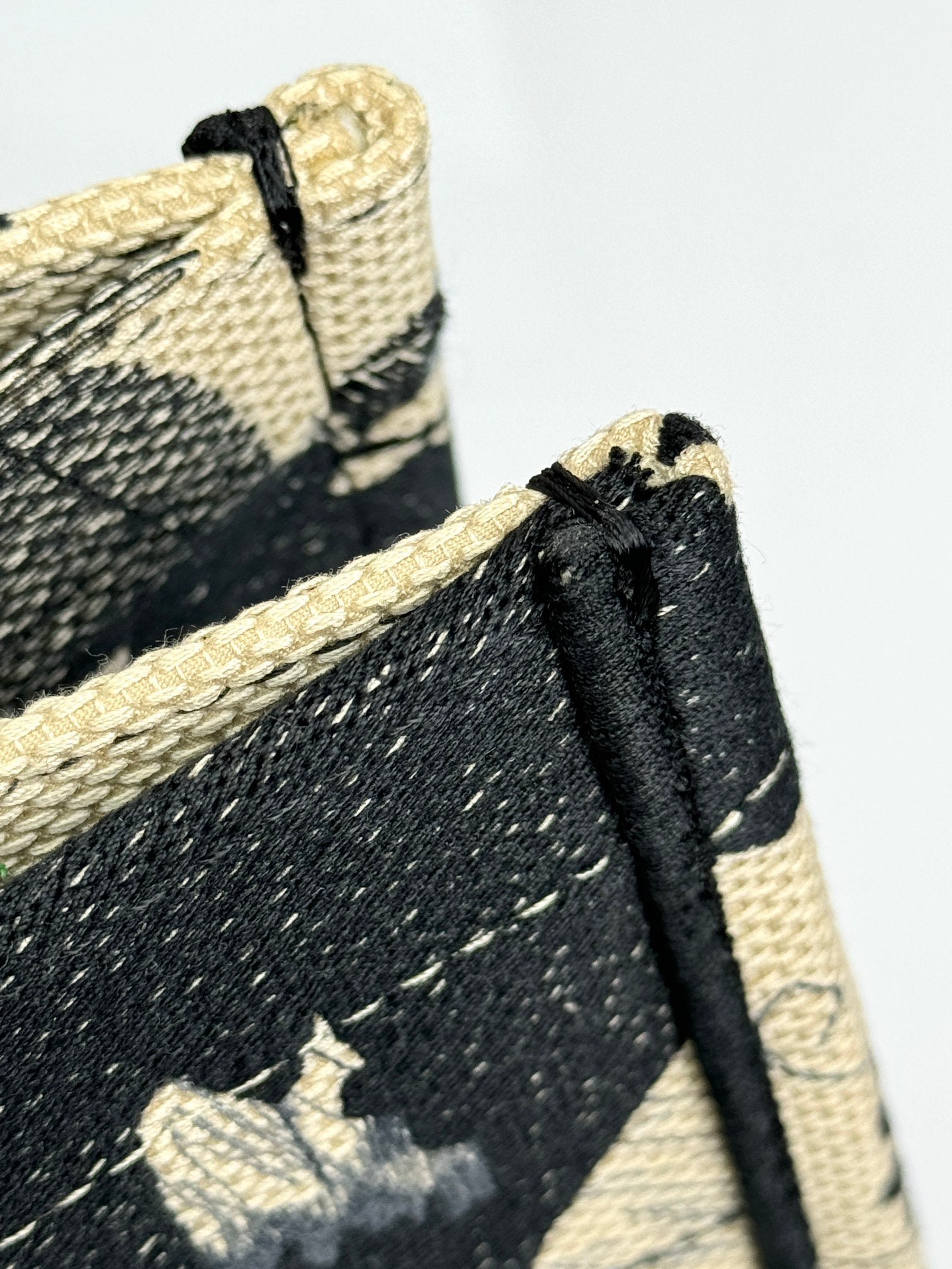 Dior Vintage Black and Beige Floral Canvas Tote Bag with Top Handles