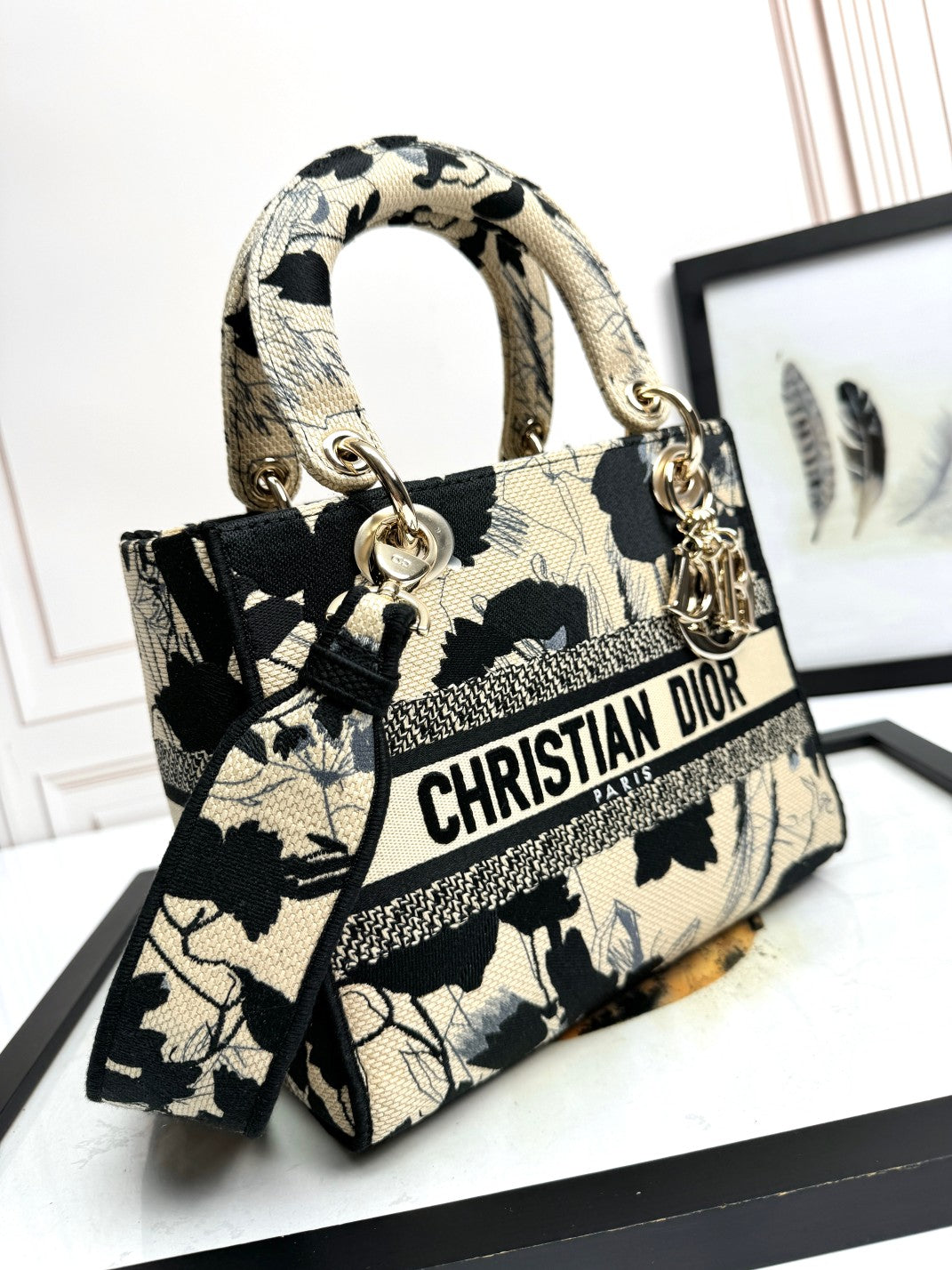 Dior Vintage Black and Beige Floral Embroidered Top Handle Handbag