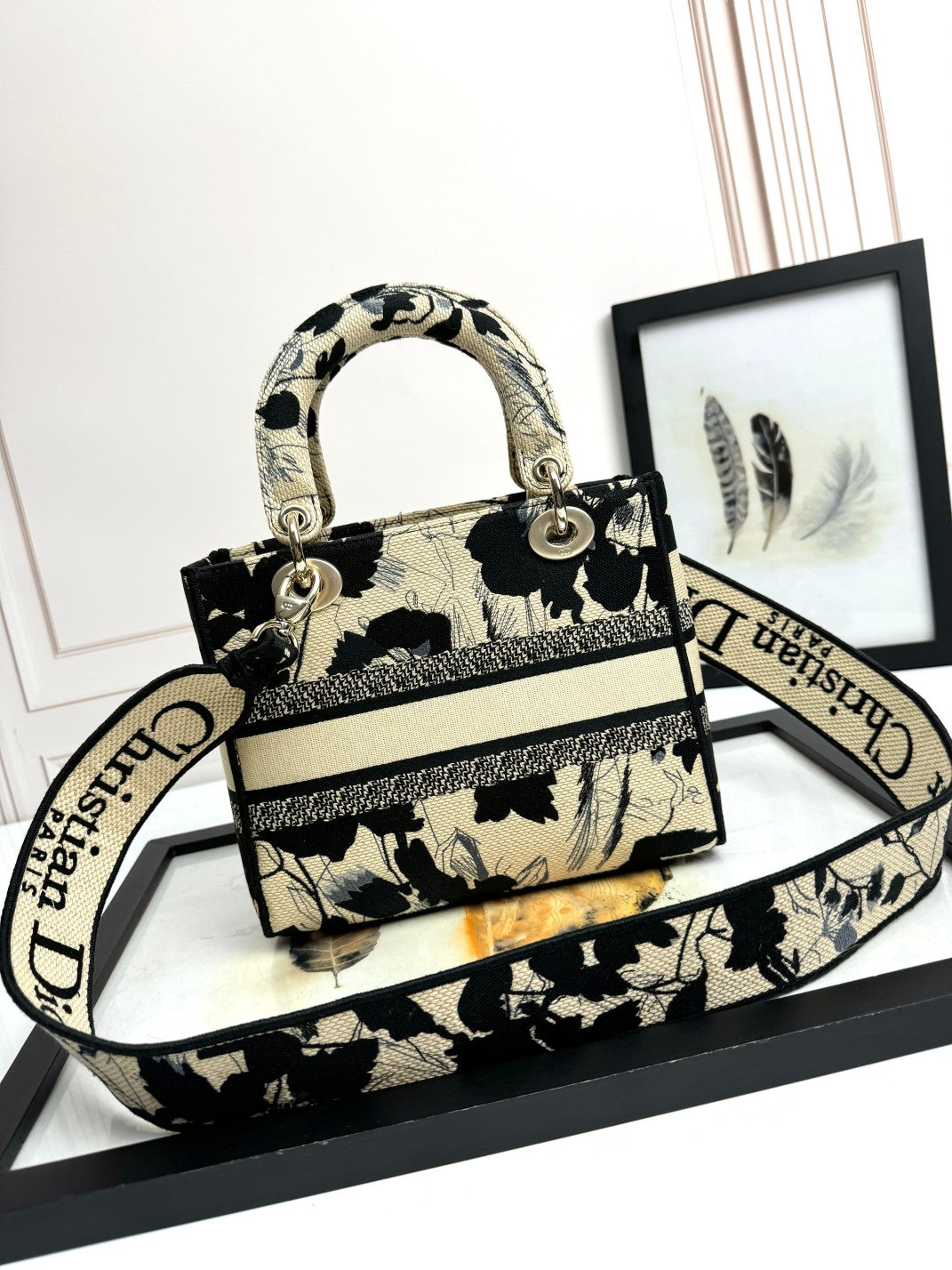 Dior Black and White Floral Embroidered Canvas Handbag with Top Handle