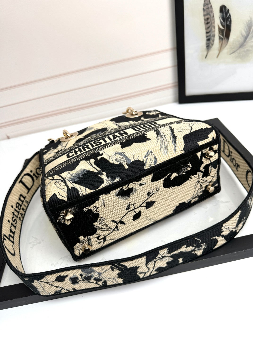 Christian Dior Lady D-Lite Handbag - Beige and Black Mille Fleurs Embroidery