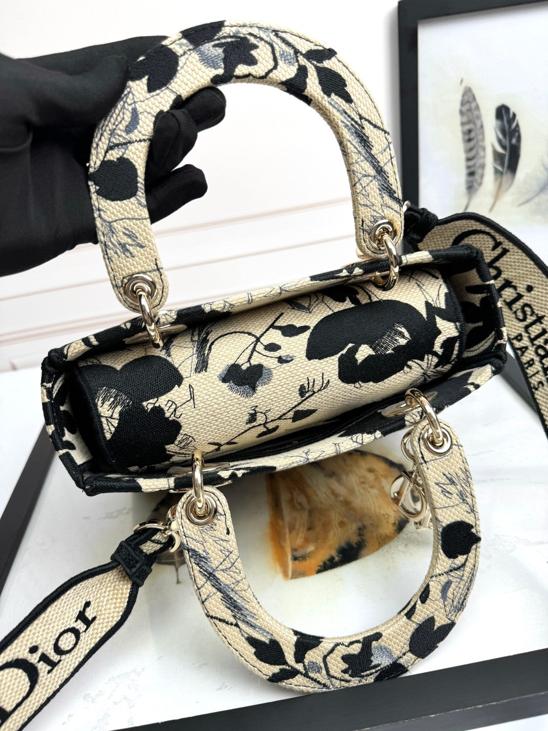Dior Black and White Floral Embroidered Canvas Handbag with Top Handle