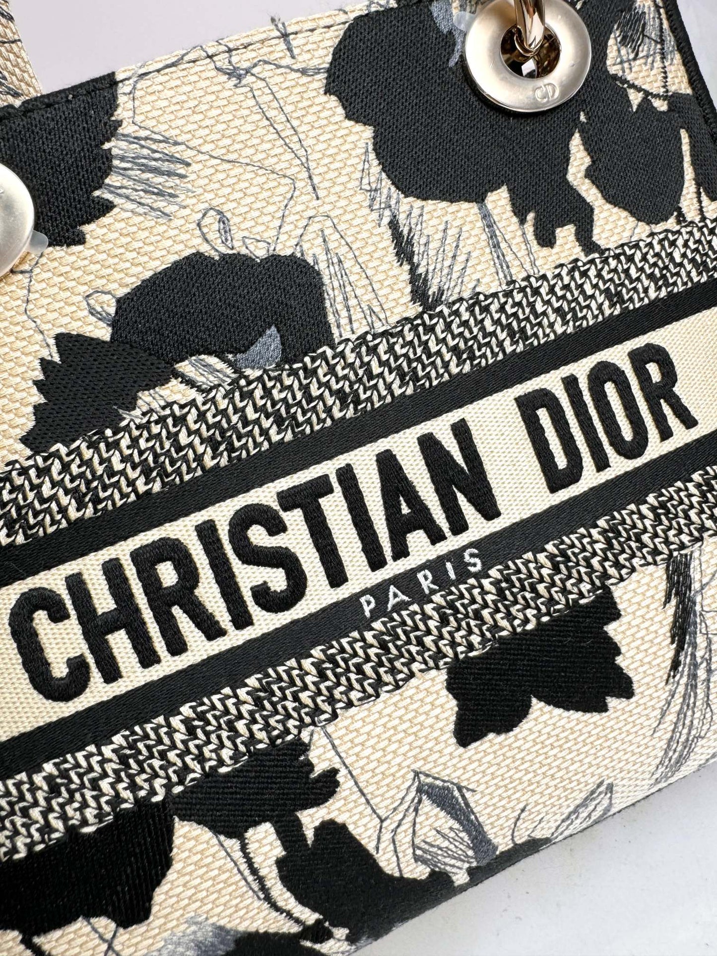 Dior Black and White Floral Embroidered Canvas Handbag with Top Handle