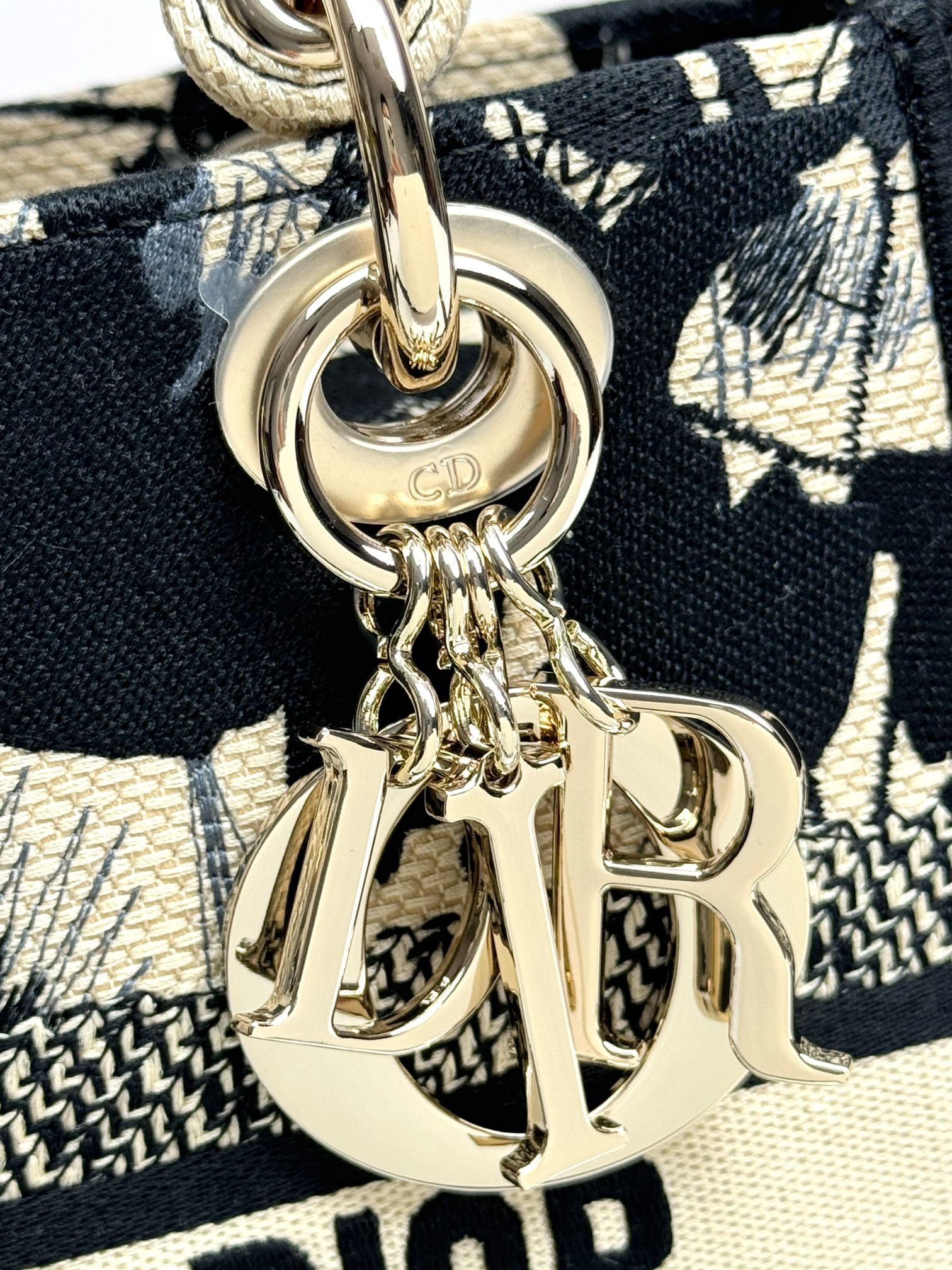 Dior Black and White Floral Embroidered Canvas Handbag with Top Handle