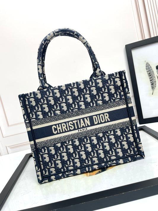Dior Navy Blue Oblique Monogram Canvas Tote Bag with Top Handles