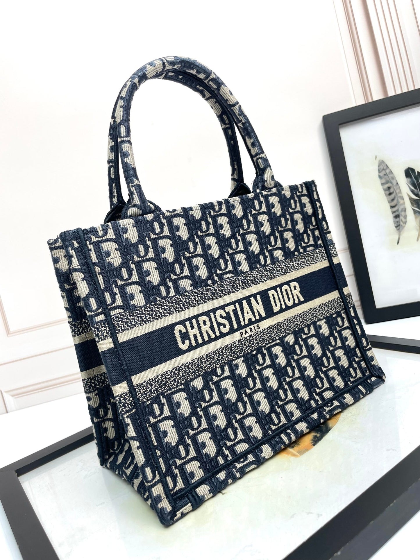 Dior Navy Blue Oblique Monogram Canvas Tote Bag with Top Handles