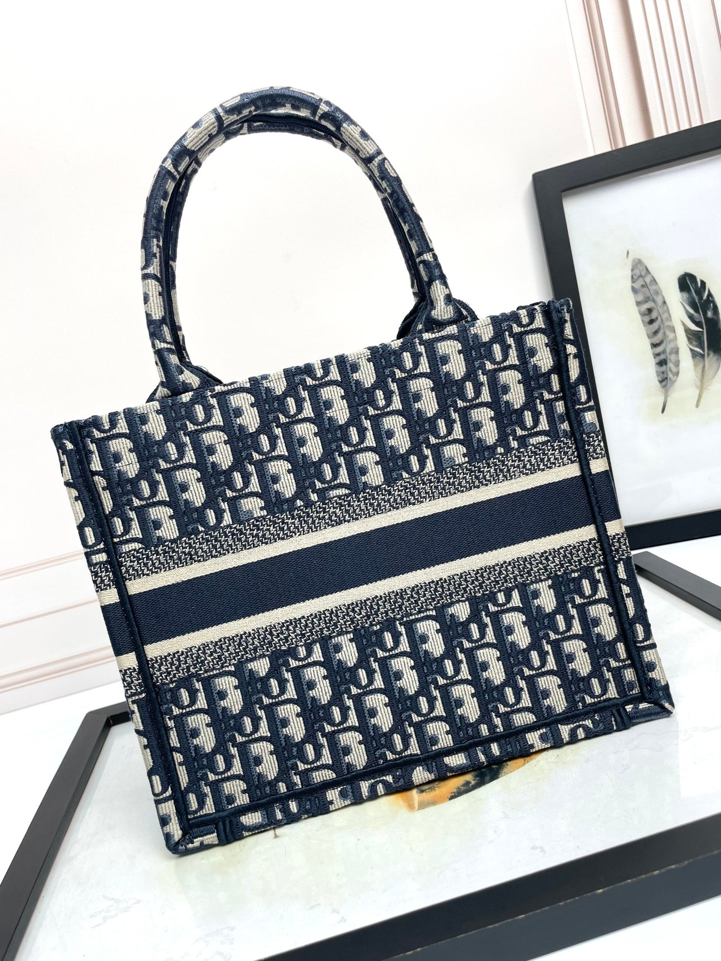 Dior Navy Blue Oblique Monogram Canvas Tote Bag with Top Handles