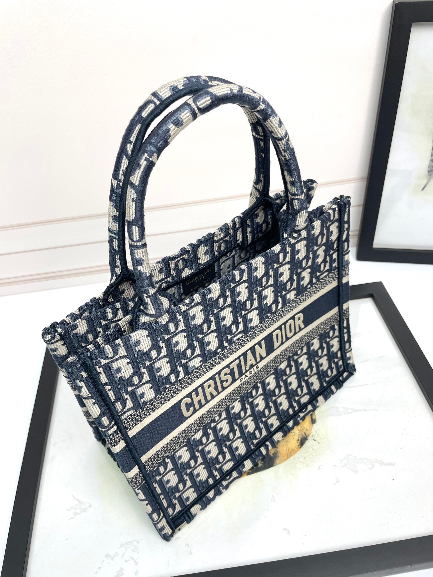 Dior Blue Monogram Embroidered Canvas Tote Bag with Top Handles