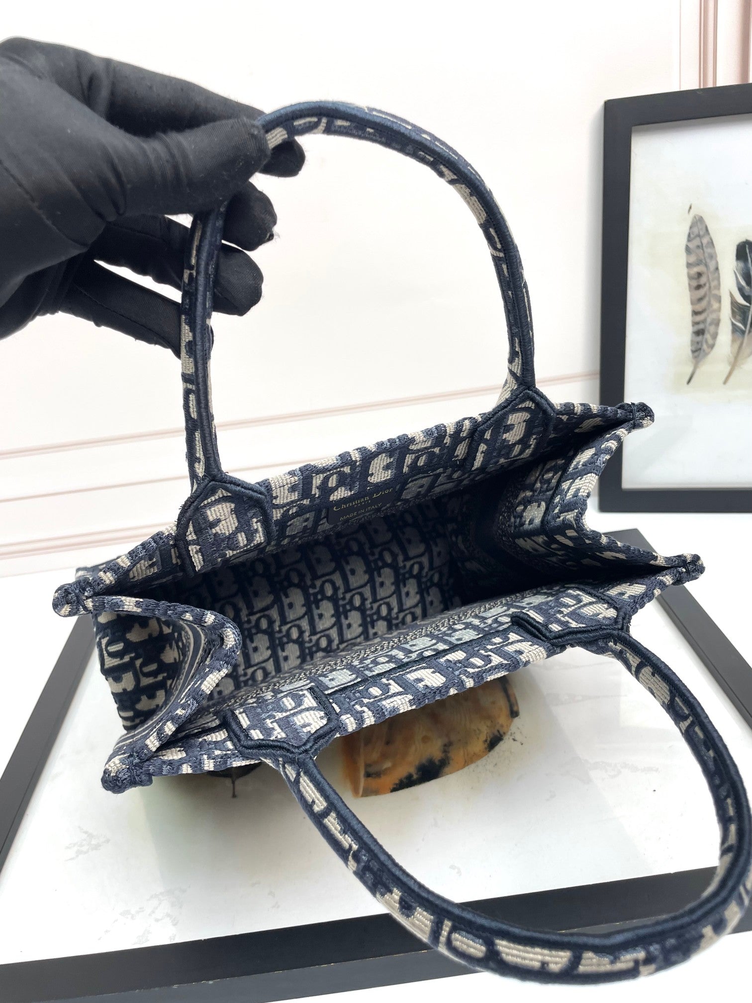 Dior Classic Navy Blue Embroidered Monogram Canvas Tote Handbag