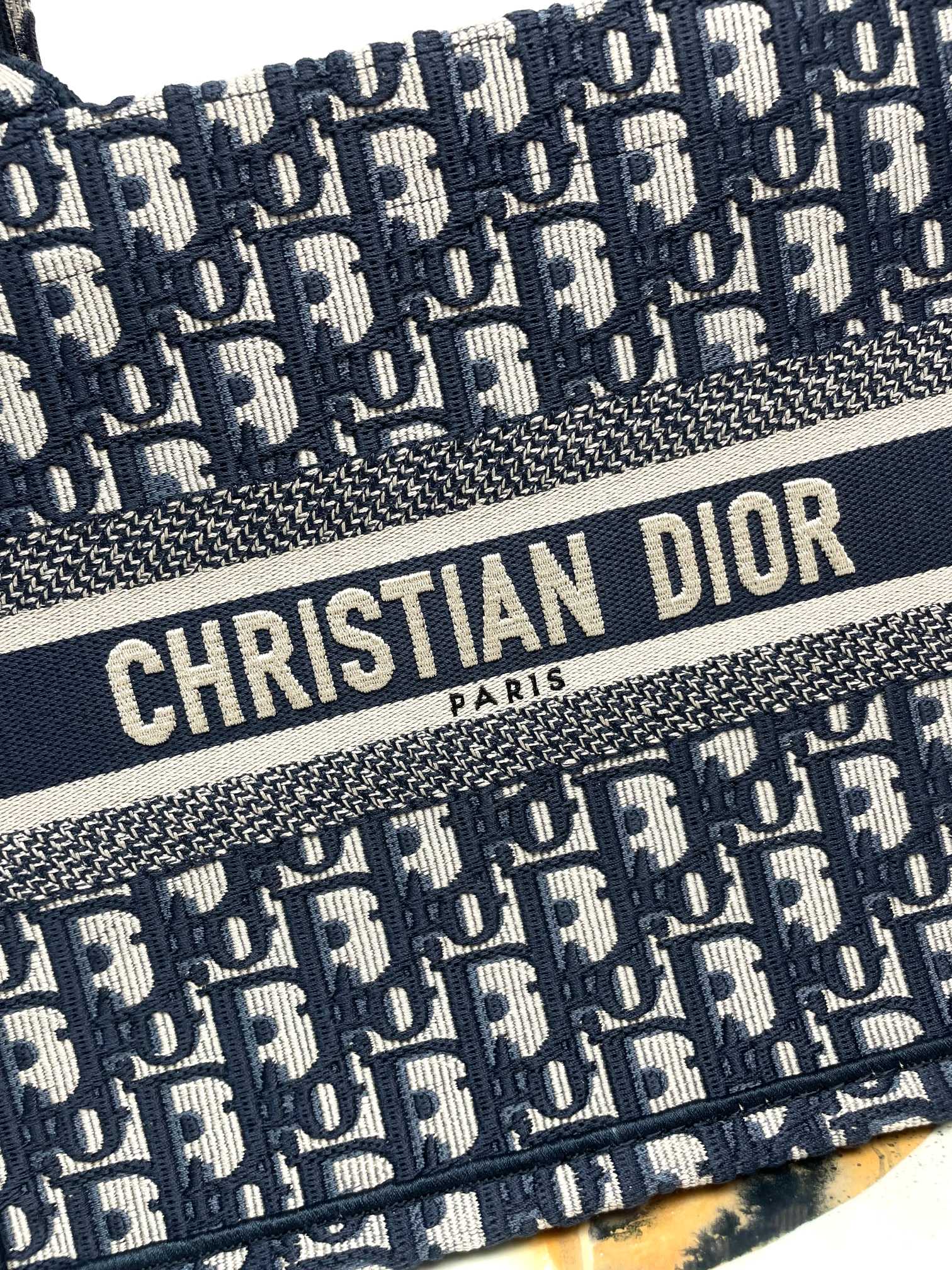 Dior Blue Monogram Embroidered Canvas Tote Bag with Top Handles