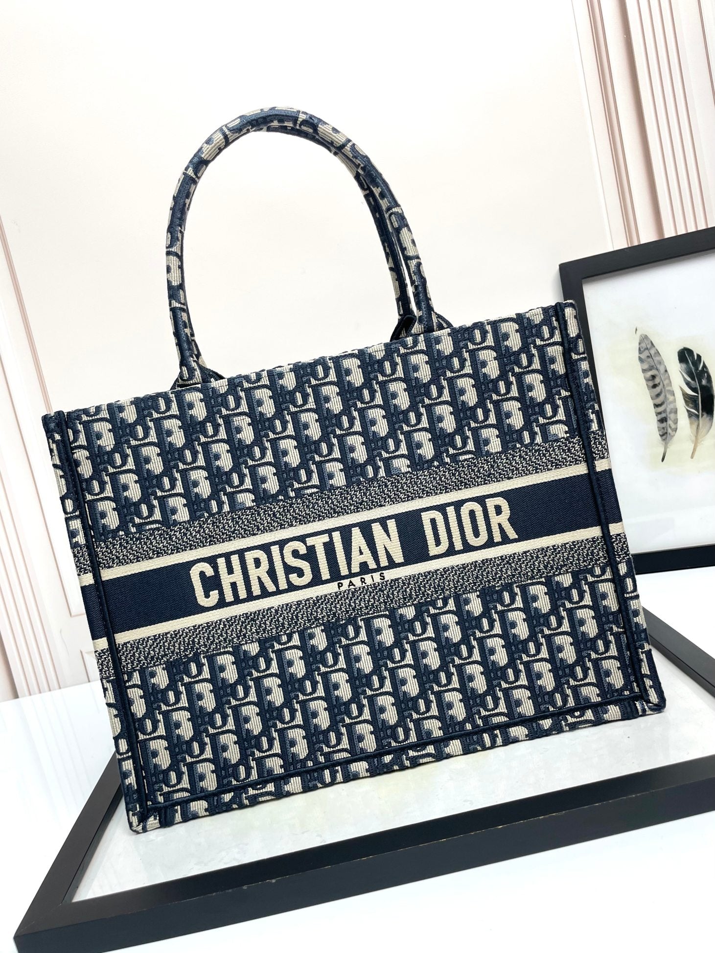 Dior Vintage Navy Blue Monogram Canvas Tote Bag Large Top Handle Handbag