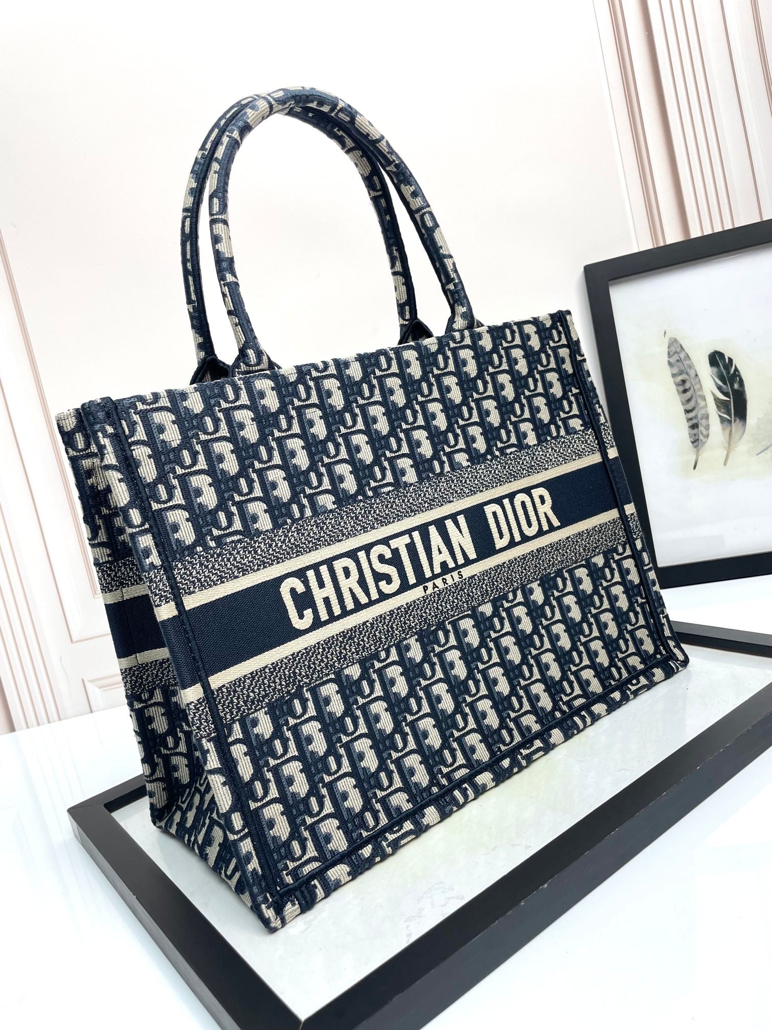 Dior Vintage Navy Blue Monogram Canvas Tote Bag Large Top Handle Handbag