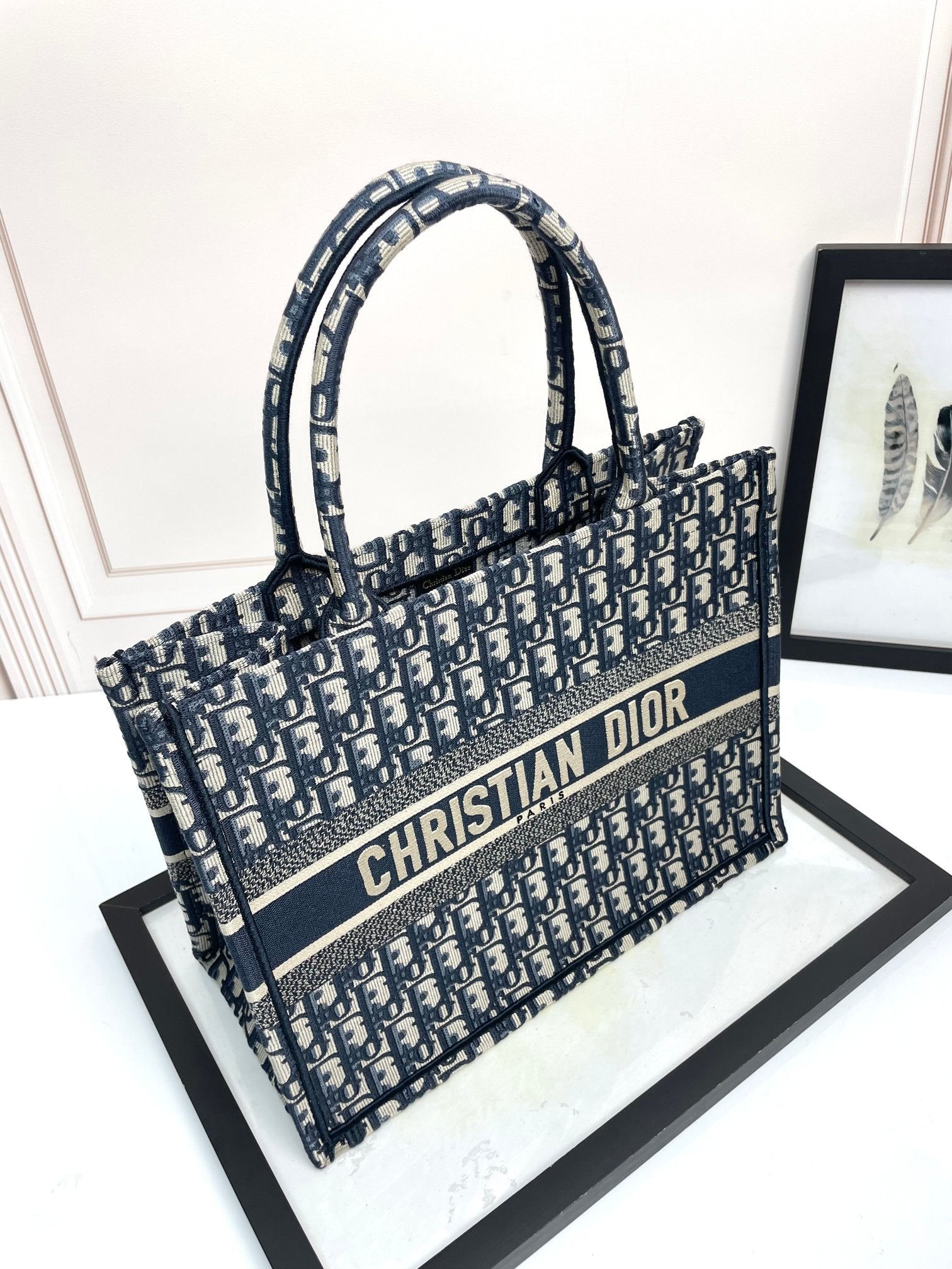 Christian Dior Blue Oblique Embroidery Large Book Tote Bag