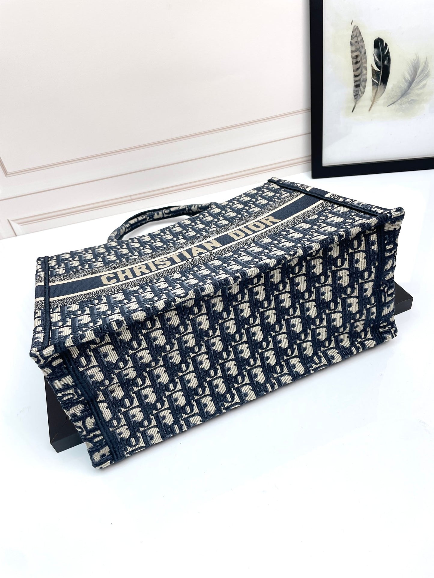 Dior Vintage Navy Blue Monogram Canvas Tote Bag Large Top Handle Handbag