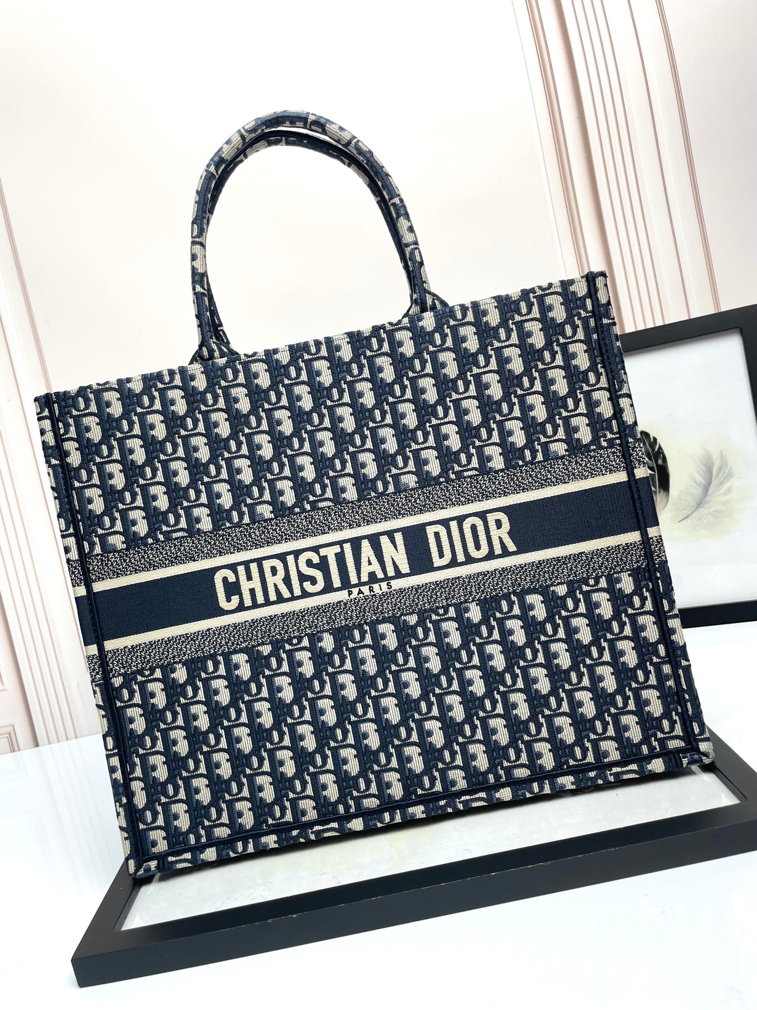 Dior Classic Navy Blue Monogram Embroidered Canvas Tote Bag