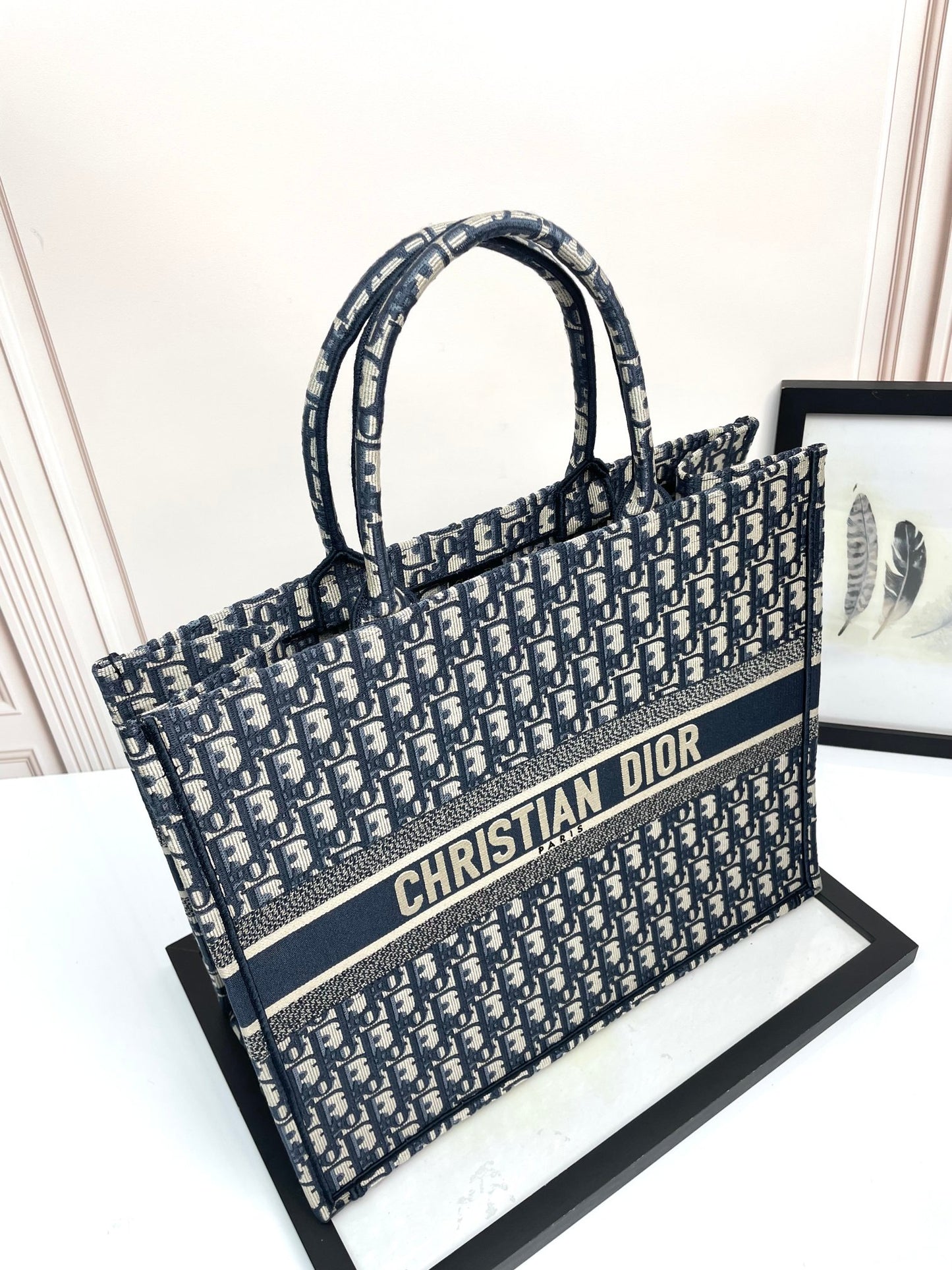 Dior Classic Navy Blue Monogram Embroidered Canvas Tote Bag