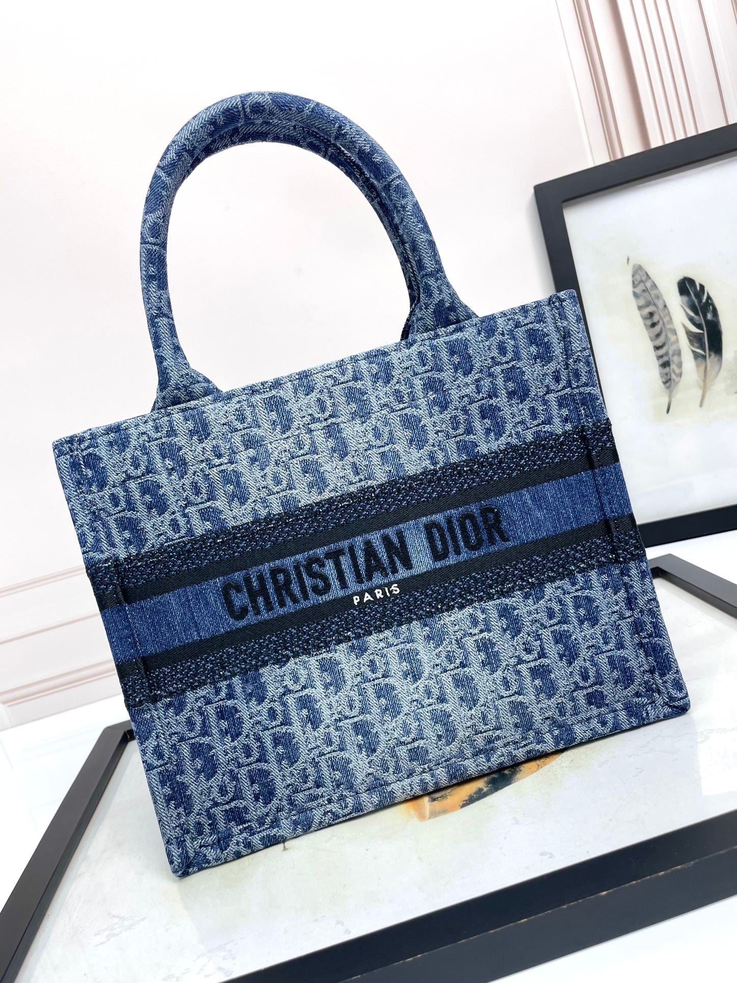 Dior Blue Denim Monogram Embroidery Tote Bag Top Handle Handbag