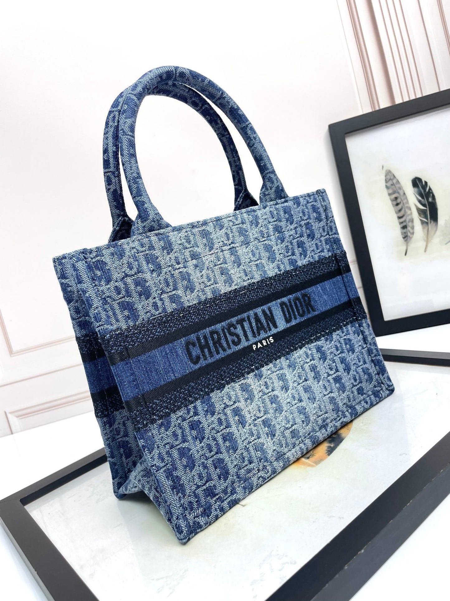 Dior Blue Denim Monogram Print Canvas Tote Bag with Top Handles