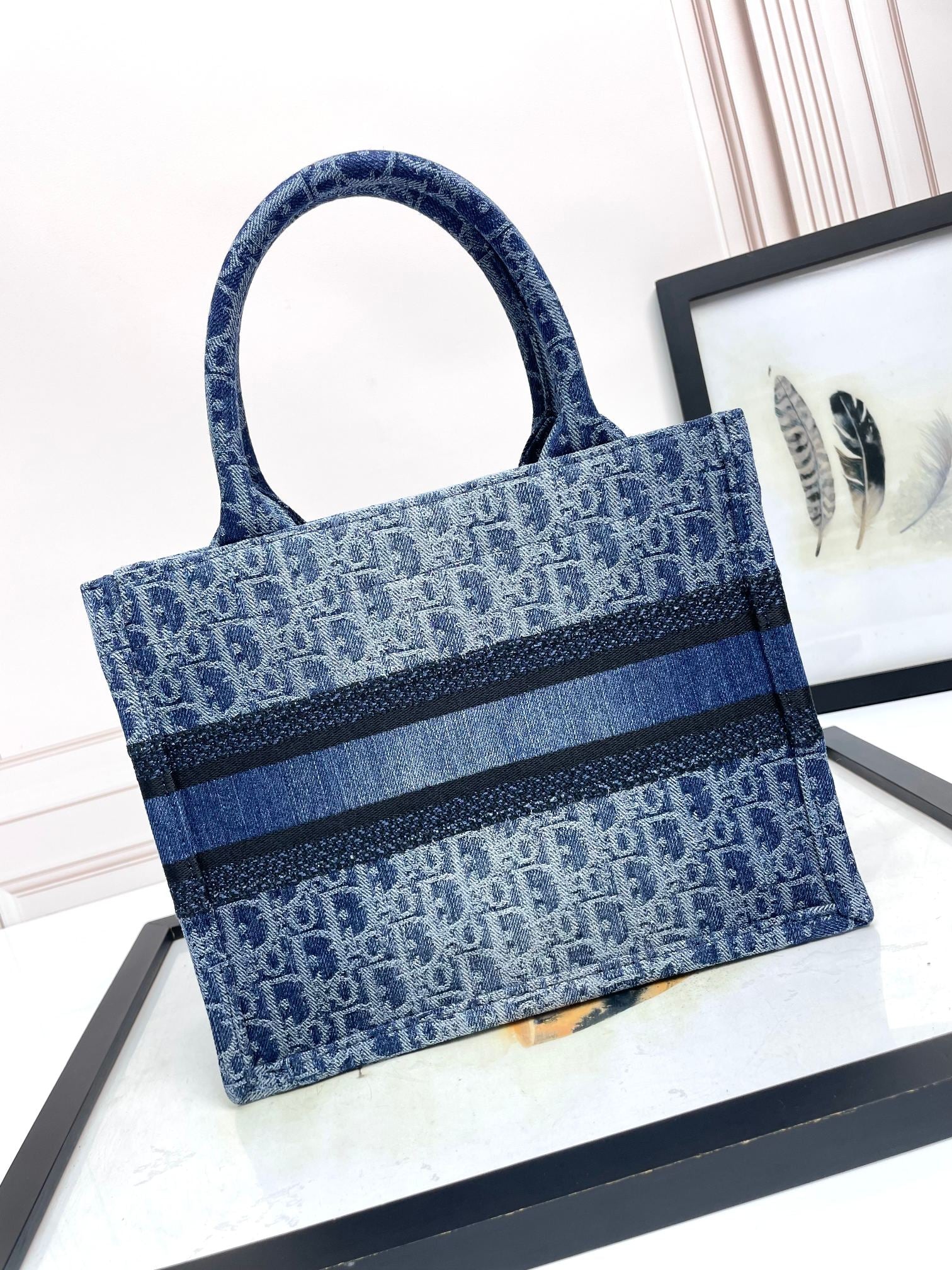 Dior Structured Blue Monogram Canvas Tote Handbag with Top Handles