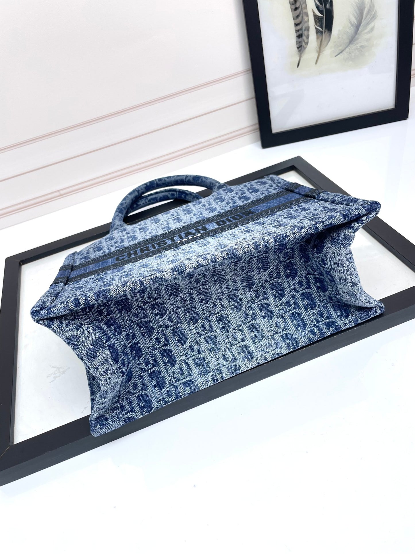 Dior Structured Blue Monogram Canvas Tote Handbag with Top Handles