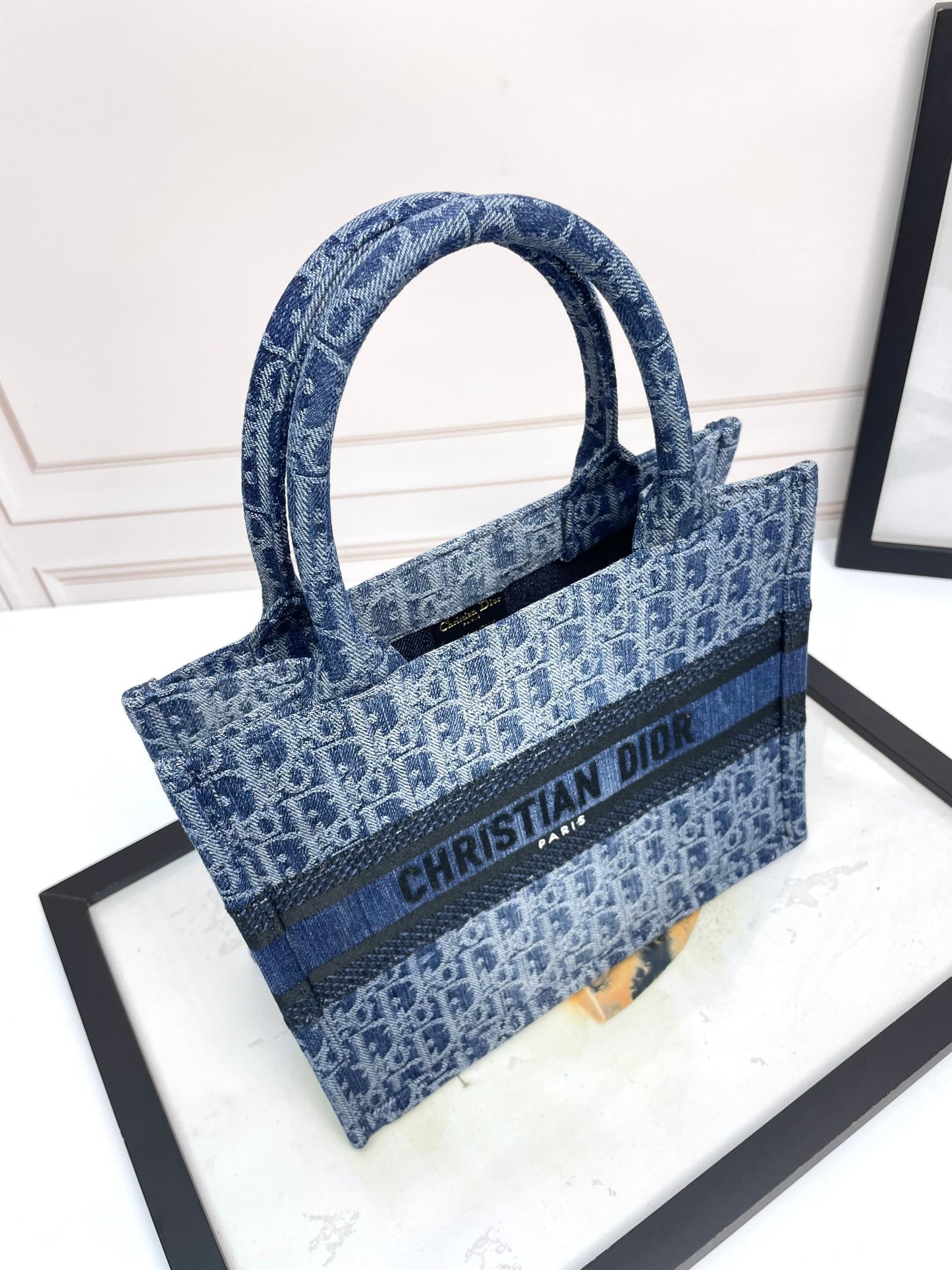 Dior Structured Blue Monogram Canvas Tote Handbag with Top Handles