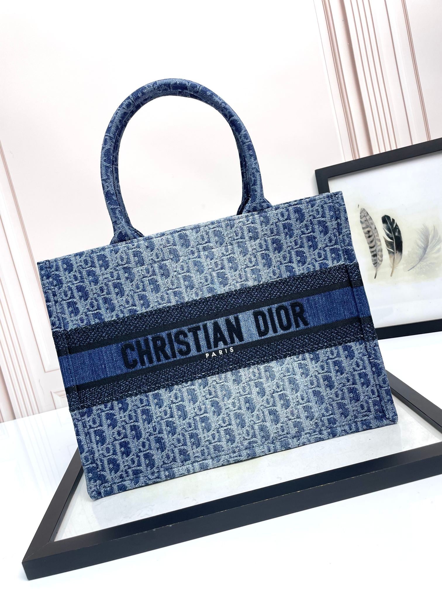 Dior Blue Denim Monogram Embroidered Top Handle Canvas Tote Bag