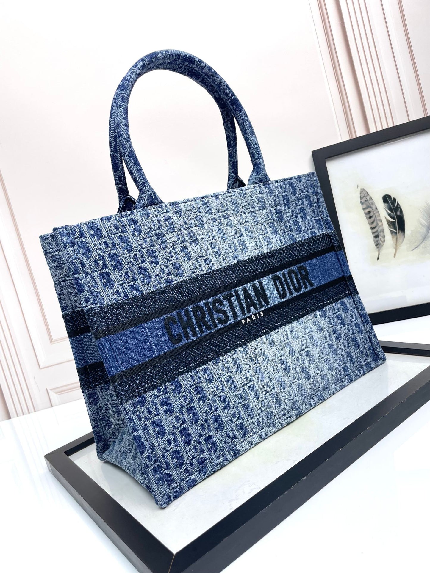 Dior Blue Denim Monogram Embroidered Top Handle Canvas Tote Bag