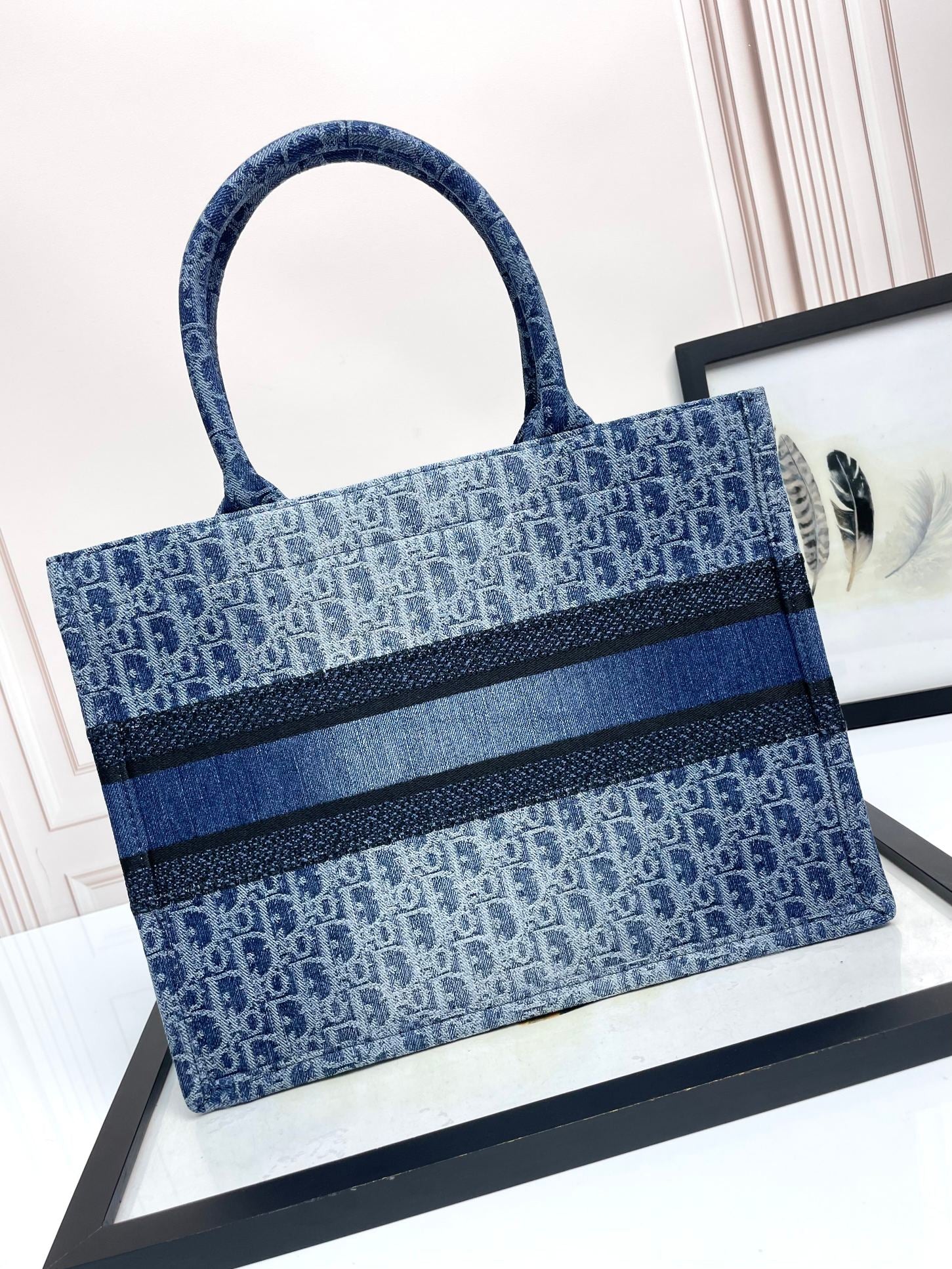 Dior Blue Monogram Embroidered Canvas Tote Bag Luxury Style Handbag