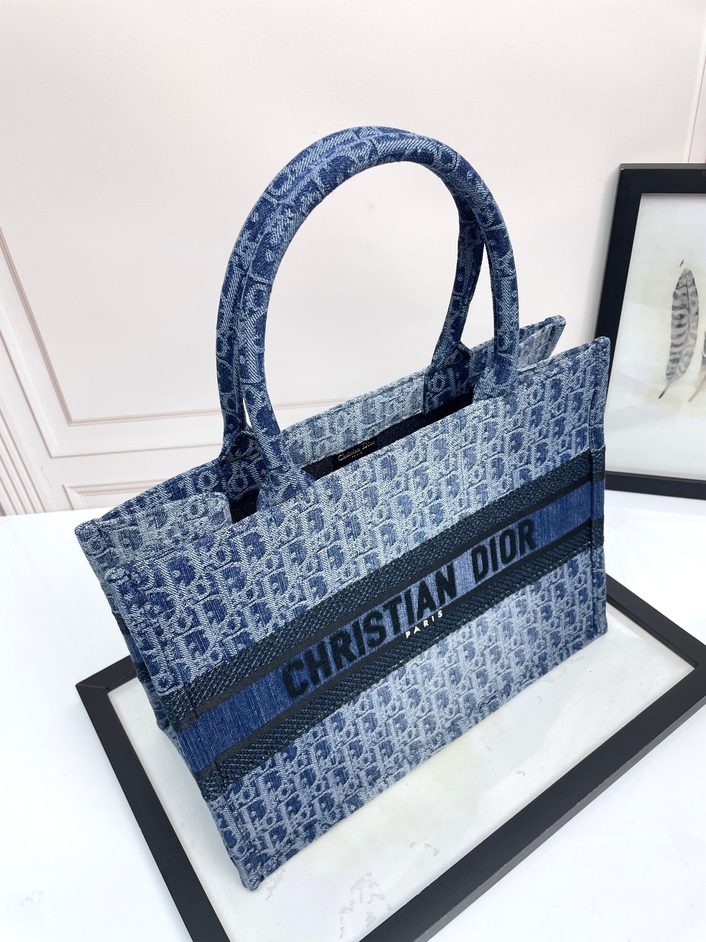 Dior Blue Monogram Embroidered Canvas Tote Bag Luxury Style Handbag