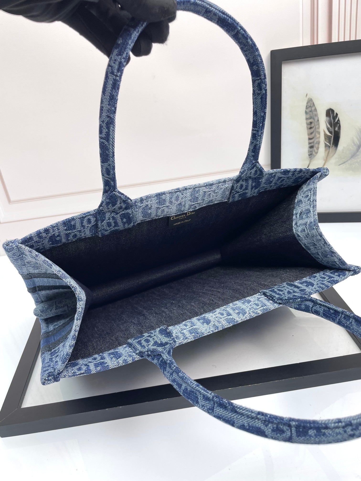 Dior Elegant Blue Monogram Canvas Tote Bag with Top Handles