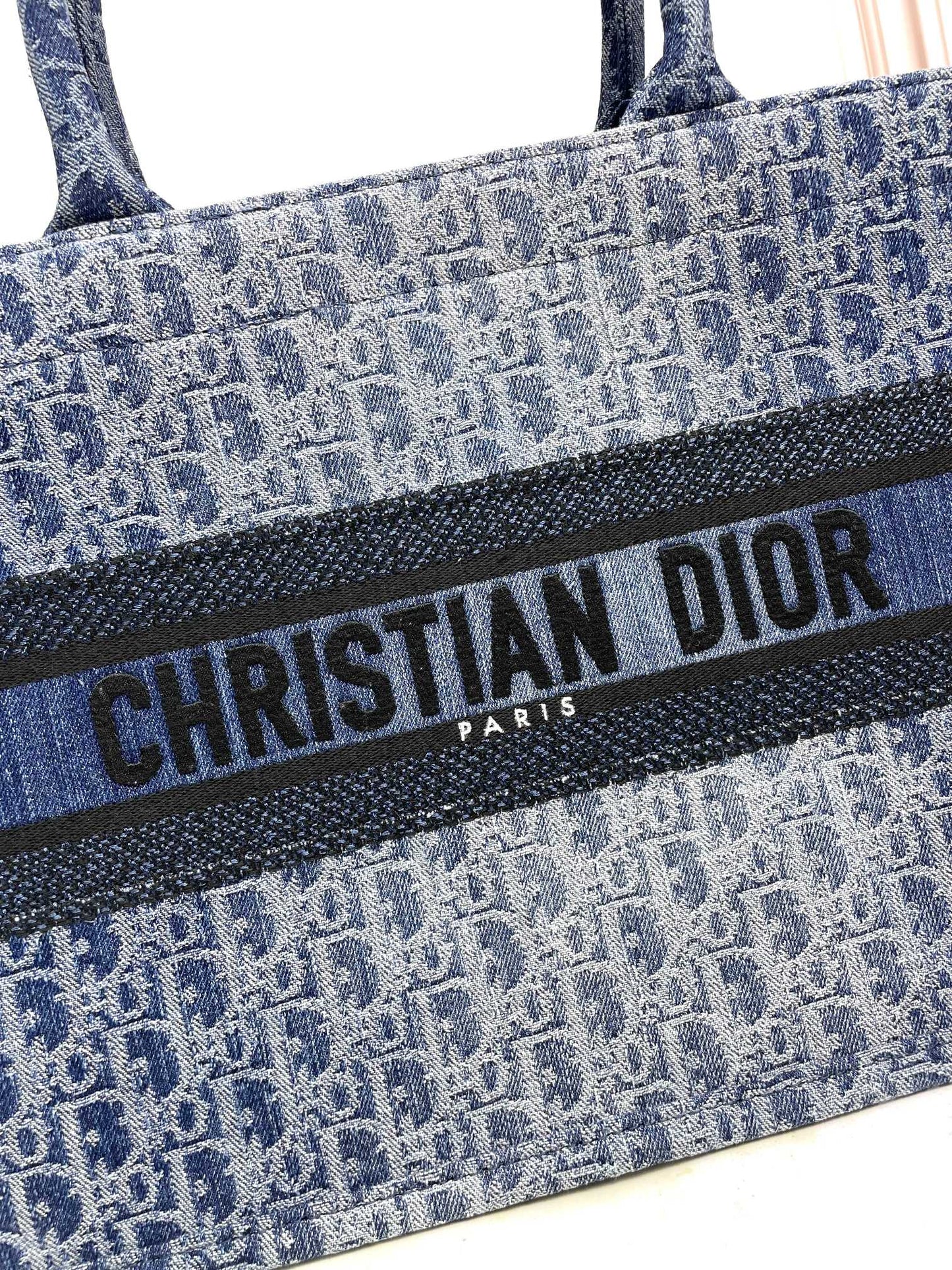 Dior Blue Denim Monogram Embroidered Top Handle Canvas Tote Bag