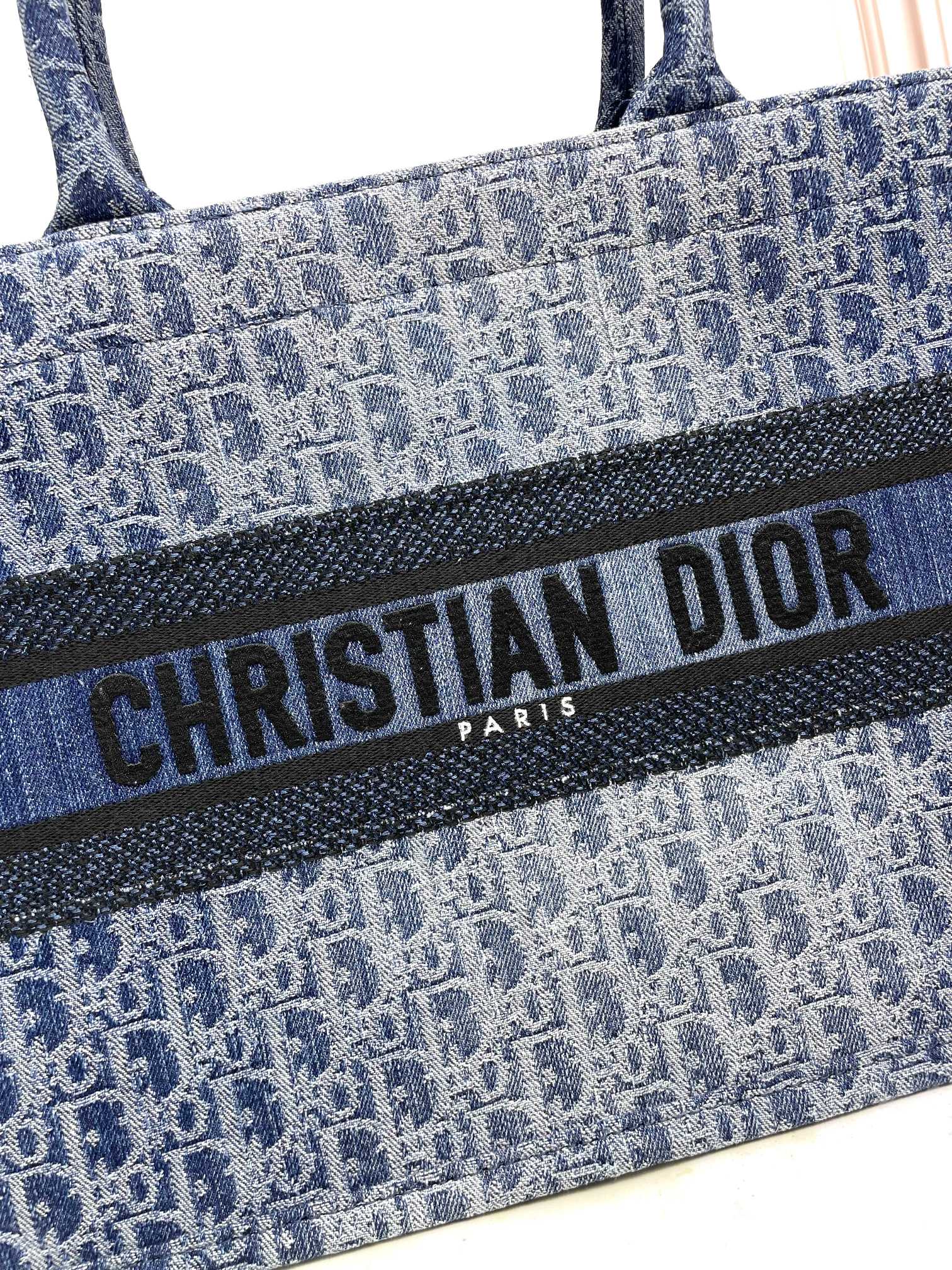 Dior Blue Denim Monogram Embroidered Top Handle Canvas Tote Bag
