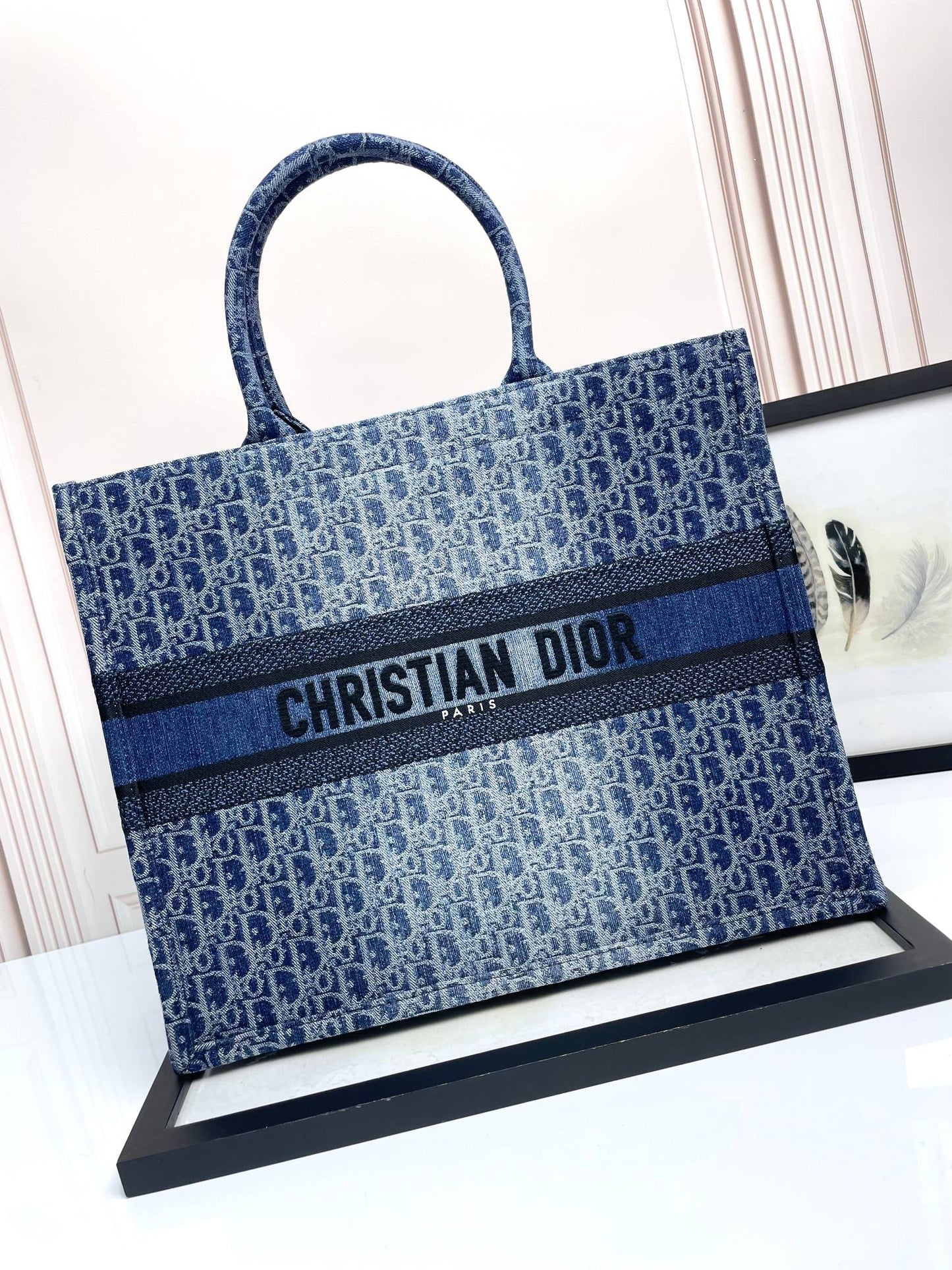 Dior Blue Monogram Jacquard Canvas Tote Bag Classic Top Handle Handbag