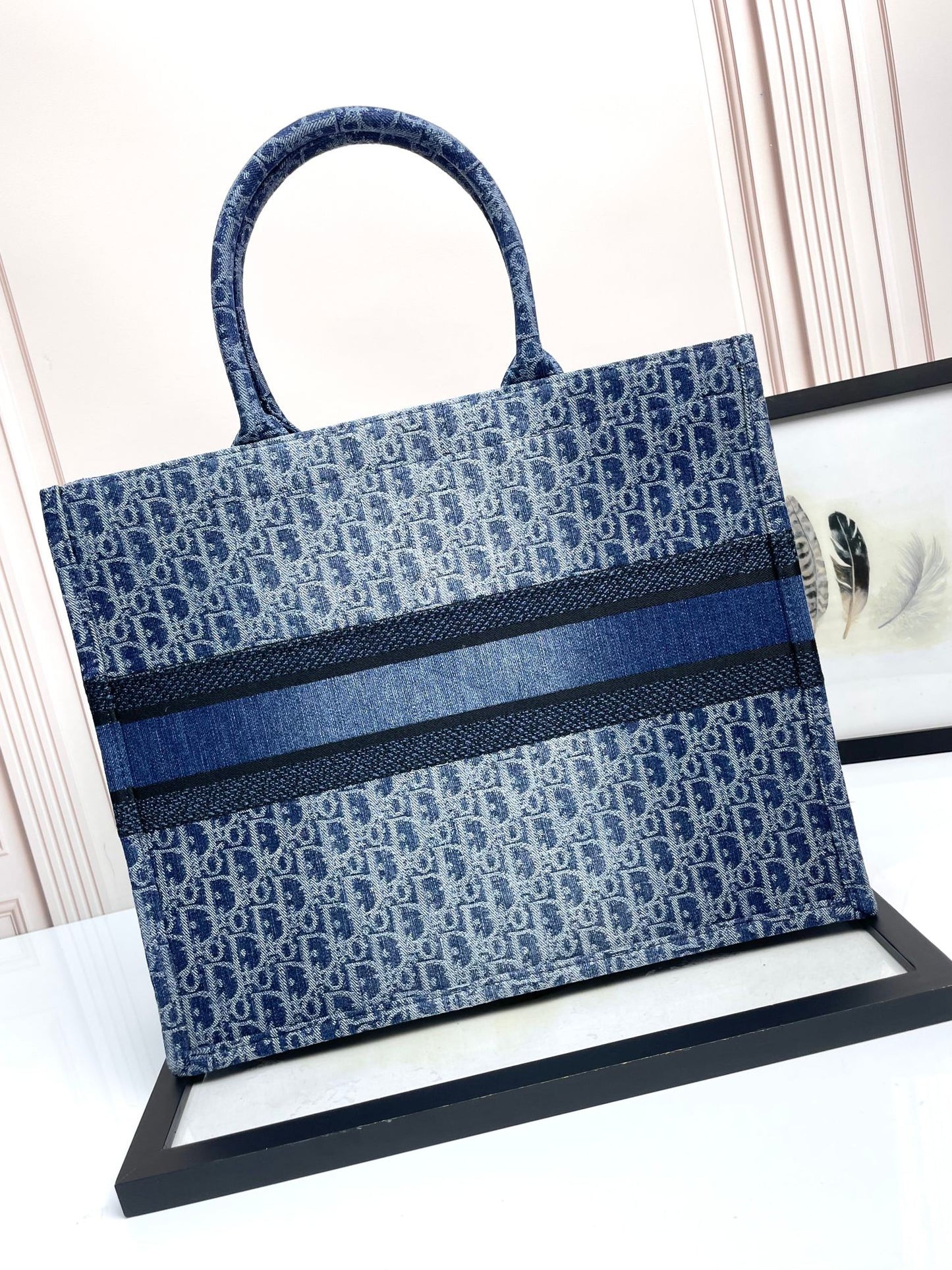 Dior Blue Denim Monogram Pattern Canvas Tote Bag with Top Handles